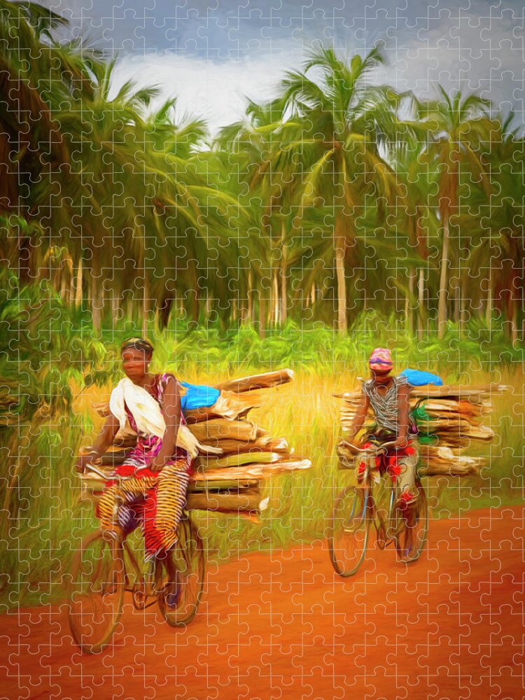 African Jigsaw Puzzle featuring the photograph Bicycling to Market Painting by Debra and Dave Vanderlaan