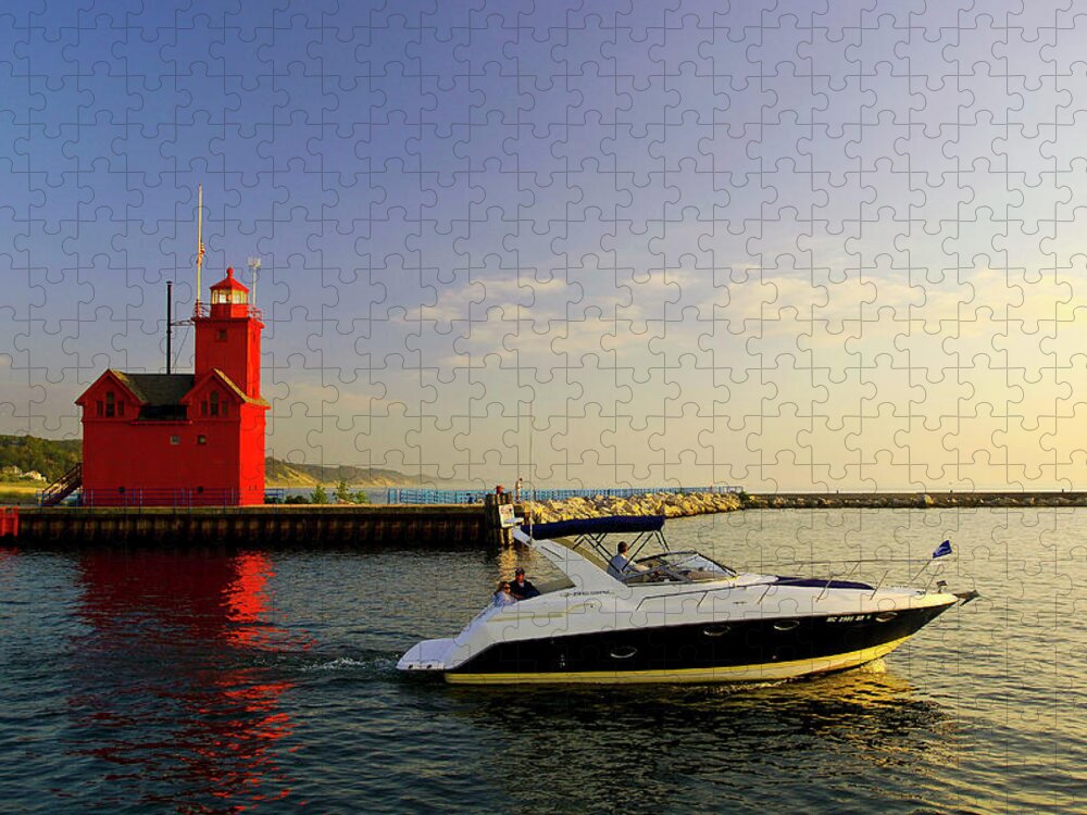 Estock Jigsaw Puzzle featuring the digital art Big Red Lighthouse, Holland, Mi by Heeb Photos