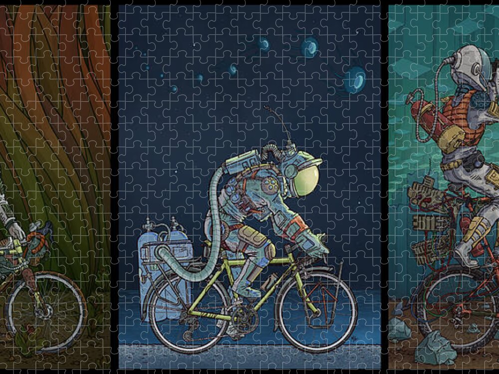 Bikes Jigsaw Puzzle featuring the photograph Bikestronaut Triptych by EvanArt - Evan Miller