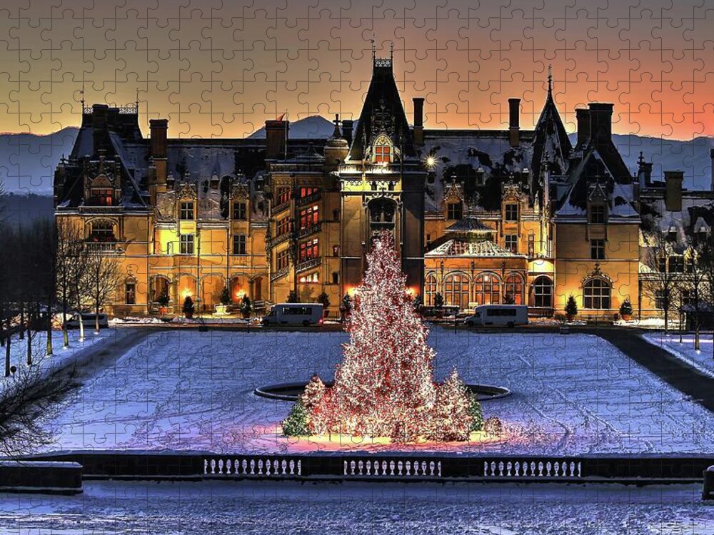 Holidays At Biltmore House Jigsaw Puzzle featuring the photograph Biltmore Christmas Night All Covered In Snow by Carol Montoya