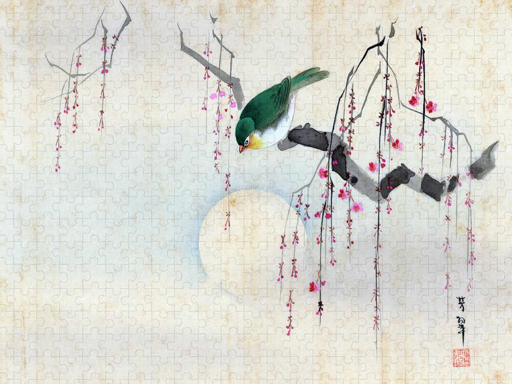 Hotei Jigsaw Puzzle featuring the painting Bird and Moon by Hotei