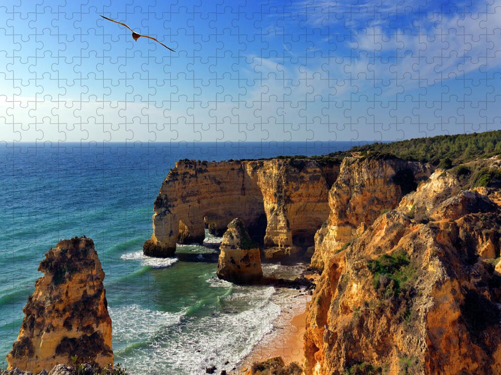 Algarve Jigsaw Puzzle featuring the photograph Bird In Flight At Marinha Beach by Pilar Azaña Talán