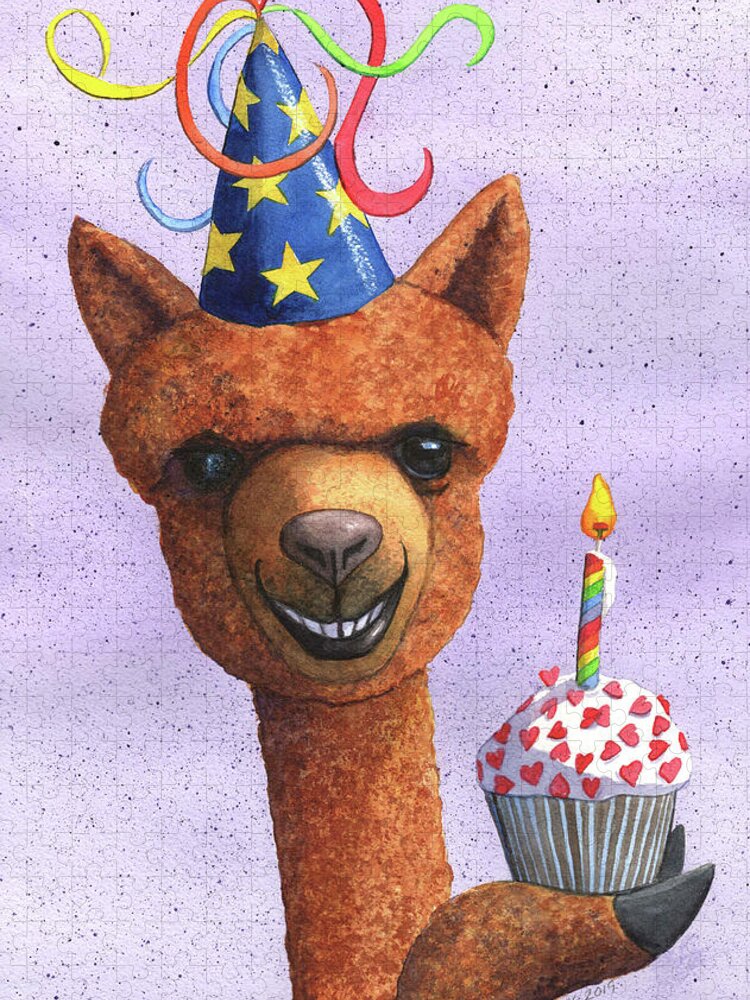Alpaca Jigsaw Puzzle featuring the painting Birthday Alpaca by Catherine G McElroy