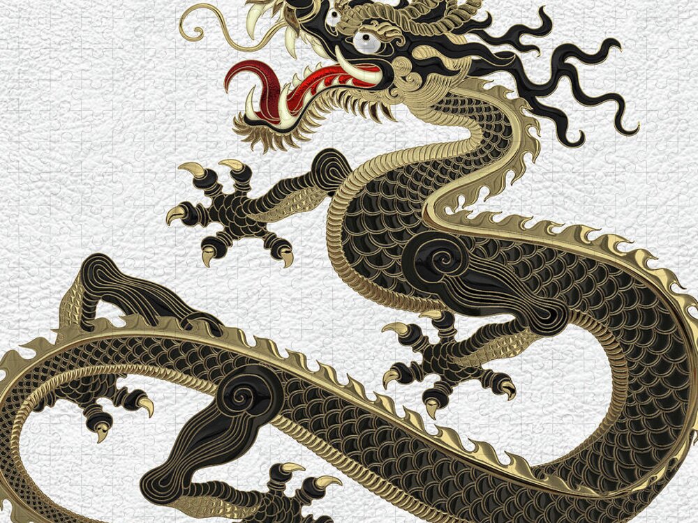 ‘the Great Dragon Spirits’ Collection By Serge Averbukh Jigsaw Puzzle featuring the digital art Black and Gold Sacred Eastern Dragon over White Leather by Serge Averbukh