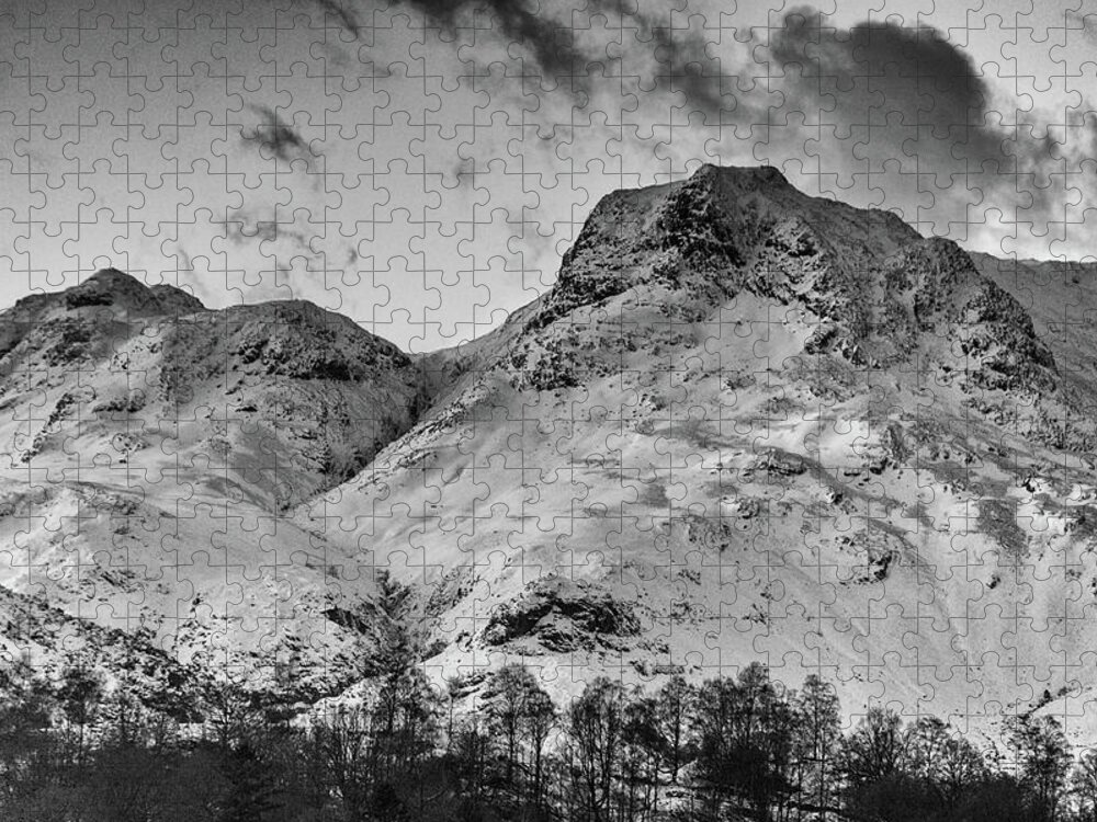 Langdale Jigsaw Puzzle featuring the photograph Black and White Photo of the Langdale Pikes in snow by Mark Hunter