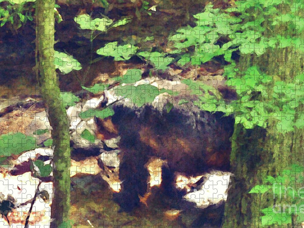 Bear Jigsaw Puzzle featuring the digital art Black Bear In Woods by Phil Perkins