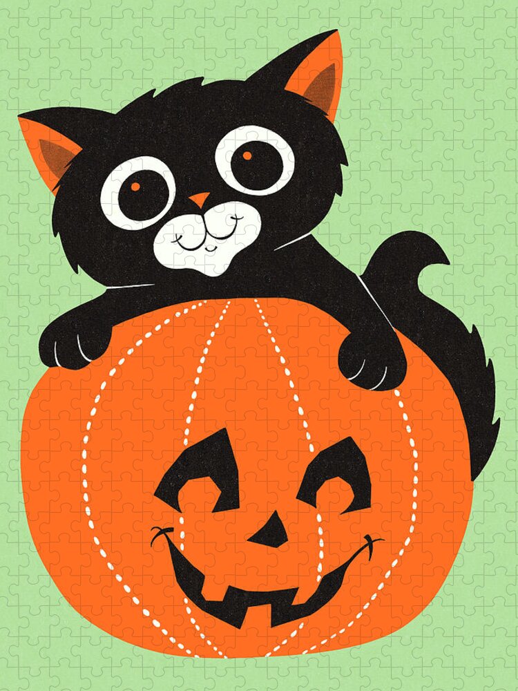 Animal Jigsaw Puzzle featuring the drawing Black Cat and Halloween Pumpkin by CSA Images