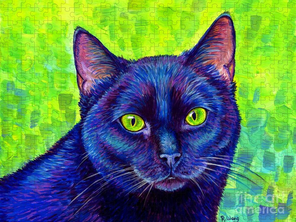 Cat Jigsaw Puzzle featuring the painting Black Cat with Chartreuse Eyes by Rebecca Wang