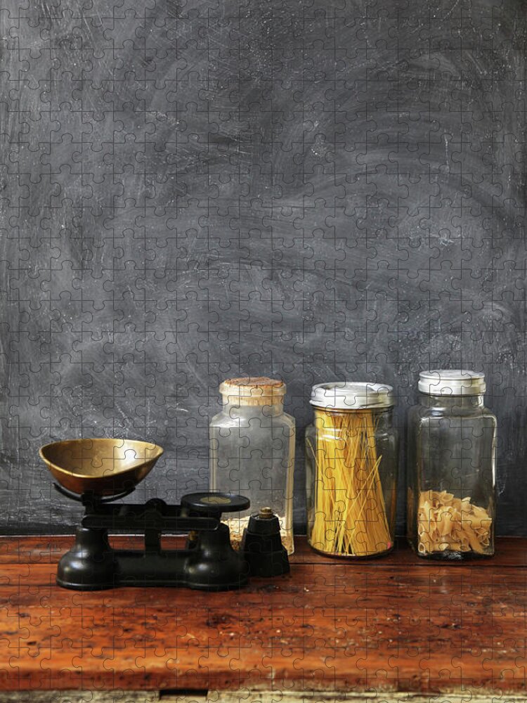 Empty Jigsaw Puzzle featuring the photograph Blackboard With Wooden Table And Glass by Bloodstone