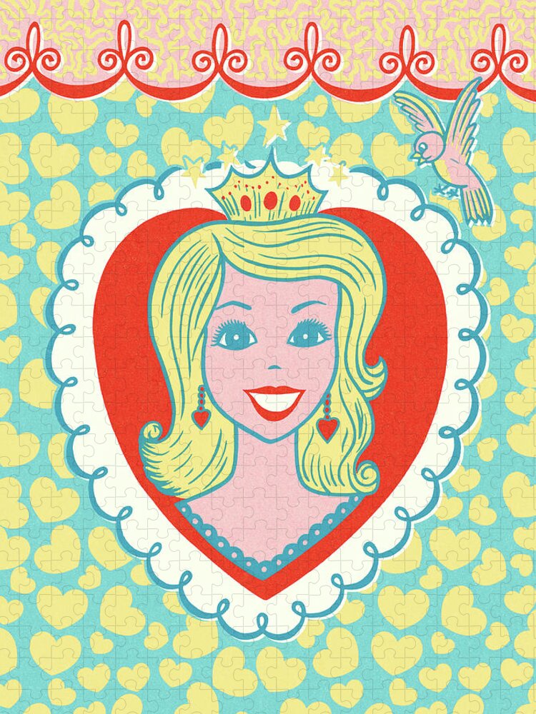 Adolescence Jigsaw Puzzle featuring the drawing Blond Princess with Heart-Shaped Border by CSA Images