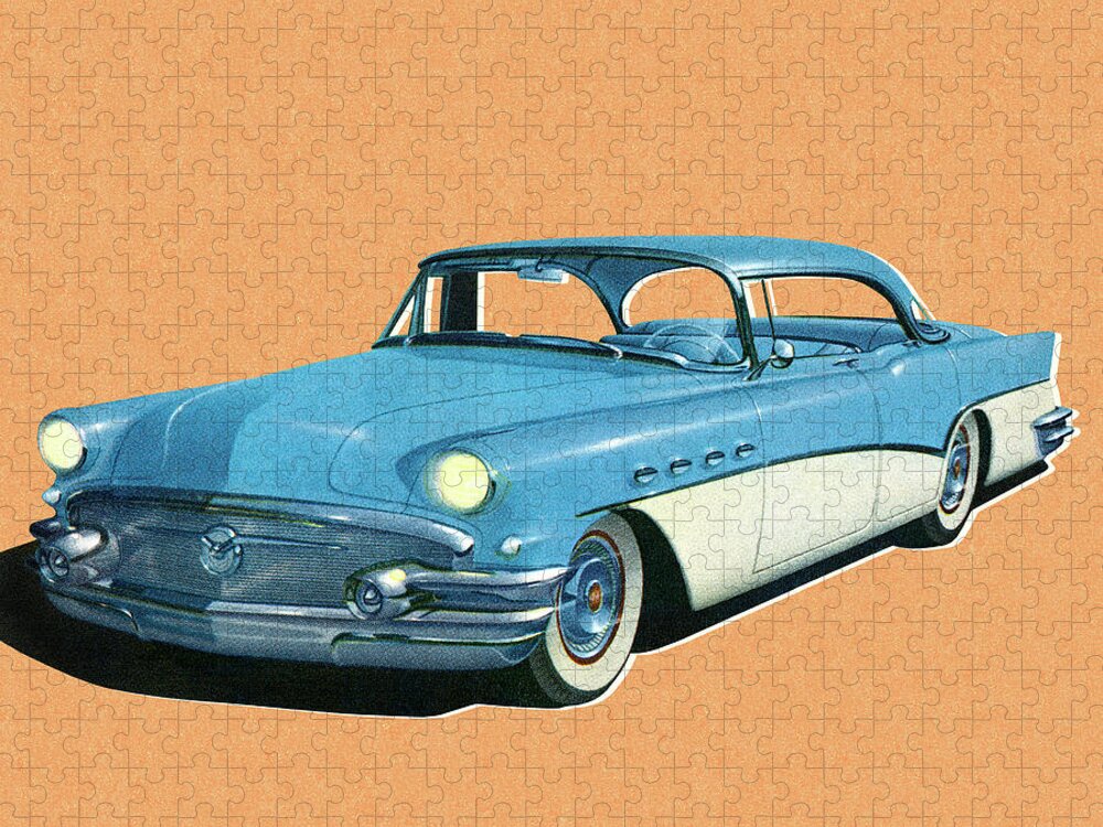 Auto Jigsaw Puzzle featuring the drawing Blue and White Vintage Car by CSA Images