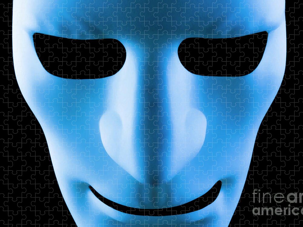 Mask Jigsaw Puzzle featuring the photograph Blue face artificial intelligence robot by Simon Bratt