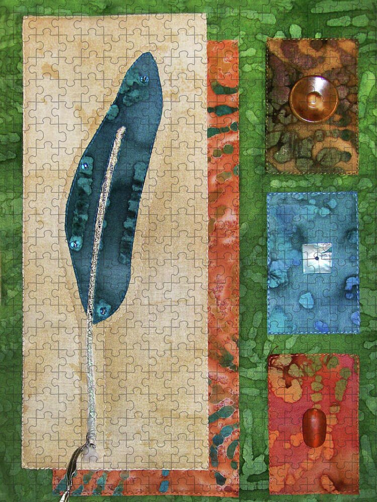 Art Quilt Jigsaw Puzzle featuring the tapestry - textile Blue Feather by Pam Geisel