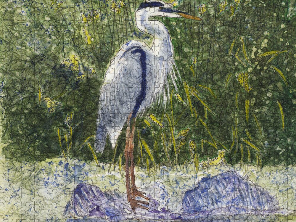 Blue Heron Jigsaw Puzzle featuring the painting Blue Heron Watercolor Batik by Conni Schaftenaar