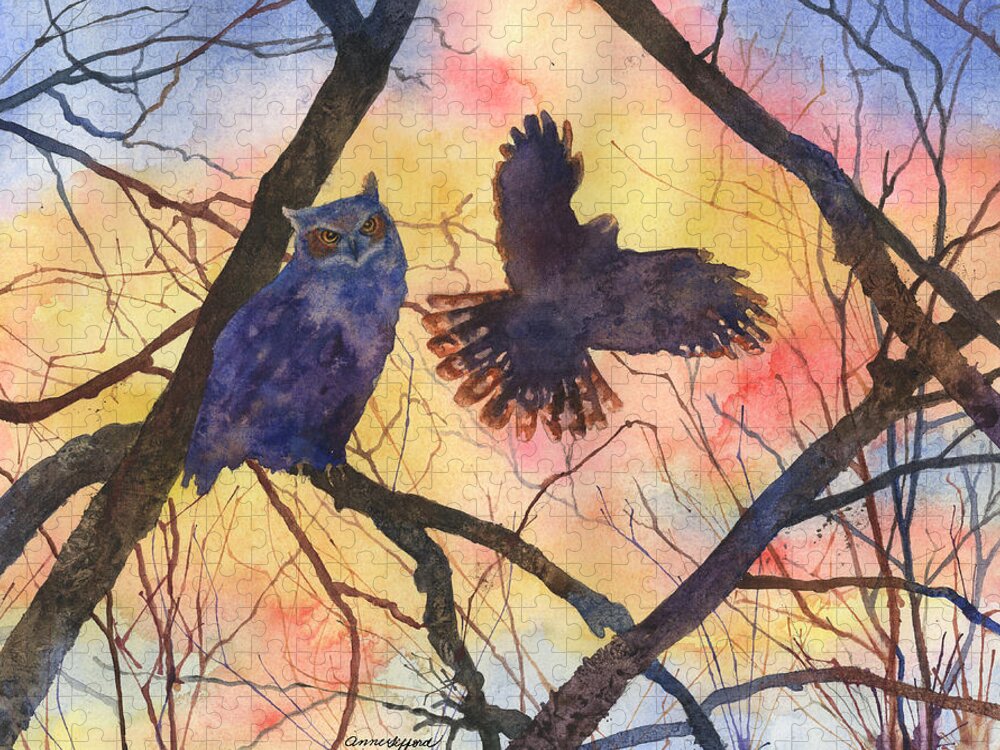 Owl Painting Jigsaw Puzzle featuring the painting Blue Owl by Anne Gifford