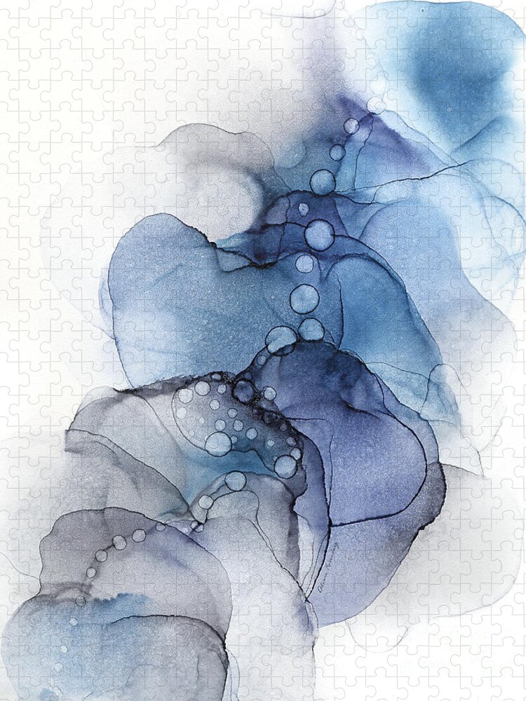 Alcohol Ink Jigsaw Puzzle featuring the painting Blue Petal Dots Whispy Abstract Painting by Alissa Beth Photography