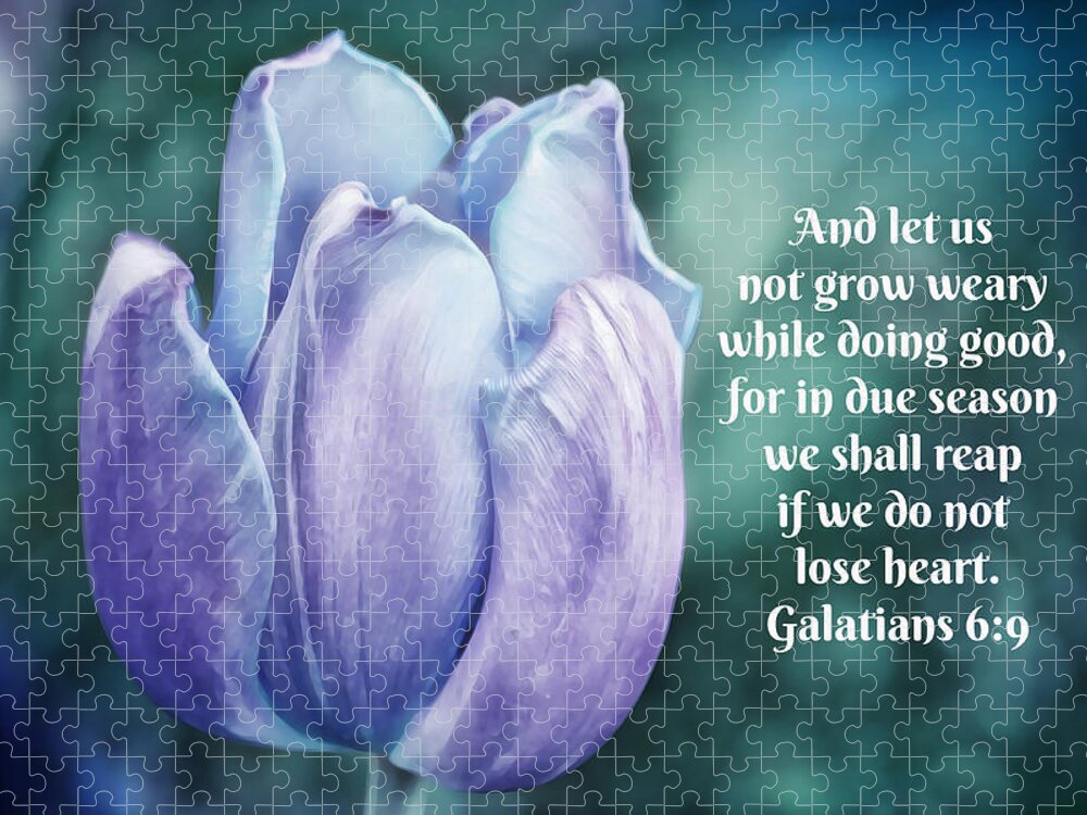 Tulip Jigsaw Puzzle featuring the digital art Blue Tulip with Scripture by Gaby Ethington