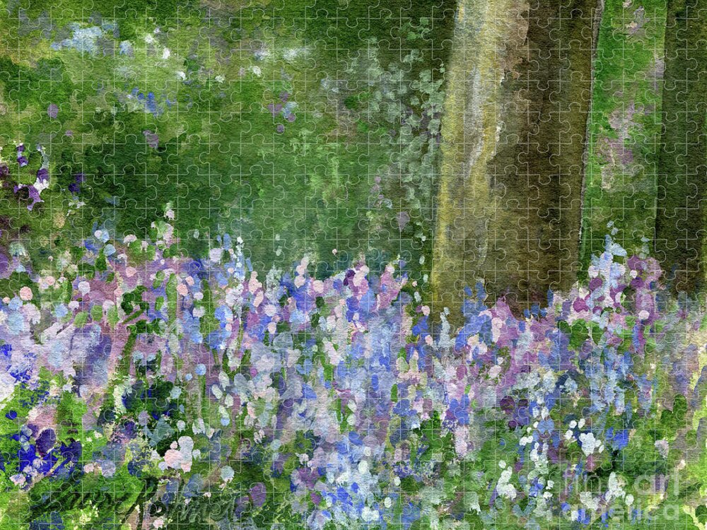 Landscape Jigsaw Puzzle featuring the painting Bluebells Under the Trees by Laurie Rohner