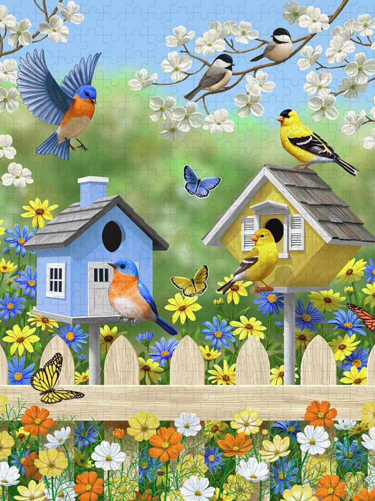 Birds Jigsaw Puzzle featuring the painting Bluebirds Goldfinches Chickadees Birdhouses Spring Flower Garden by Crista Forest