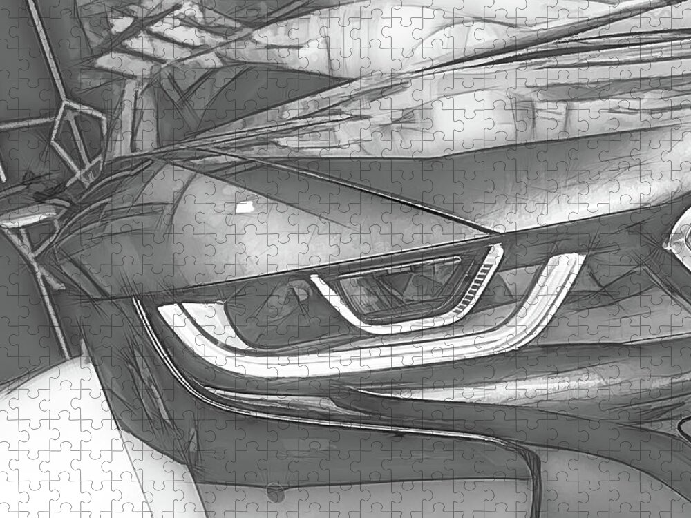 Bmw Jigsaw Puzzle featuring the digital art BMW i8 Front Abstract Black and White Sketch by Rick Deacon