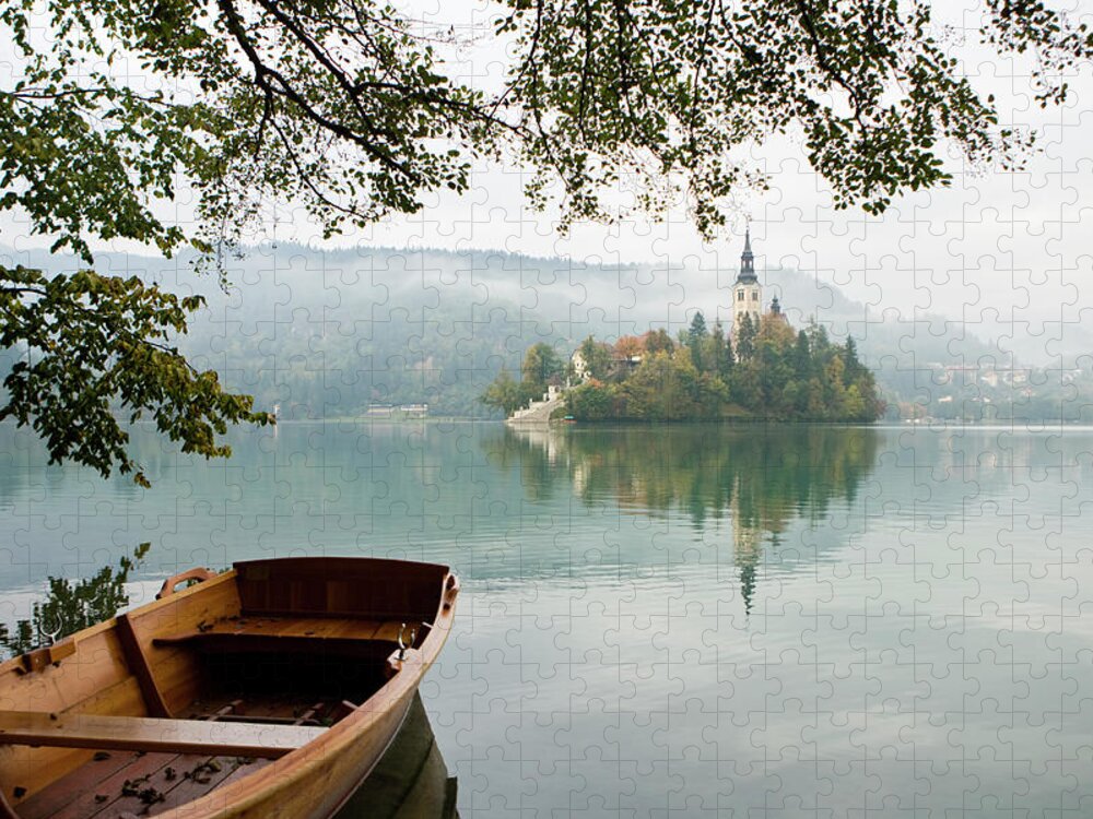 Santa Maria Church Jigsaw Puzzle featuring the photograph Boat And Castle In Bled, Slovenia by Michele Westmorland