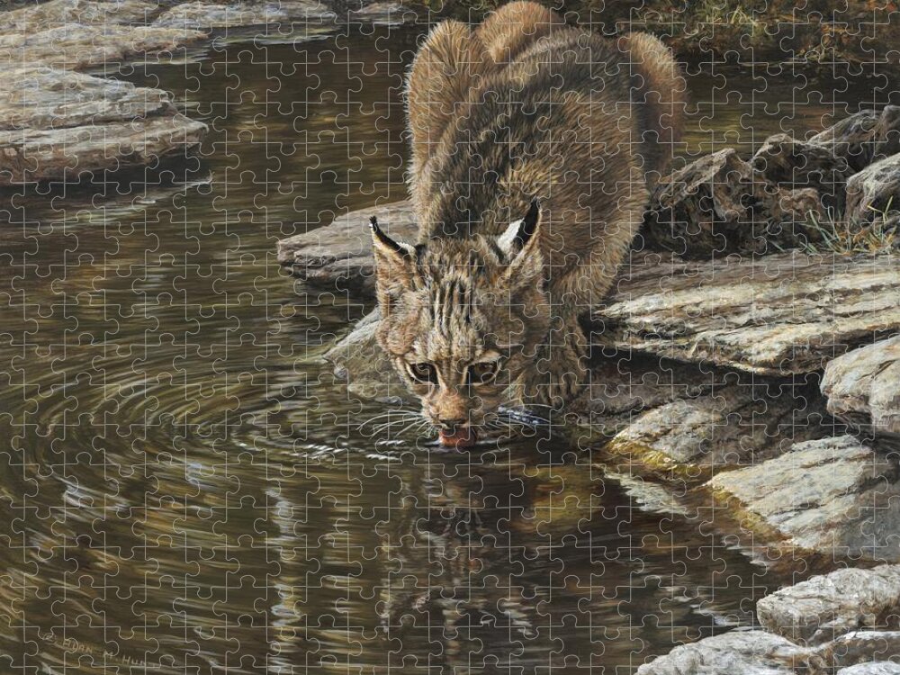 Paintings Jigsaw Puzzle featuring the painting Bobcat Drinking from Stream by Alan M Hunt