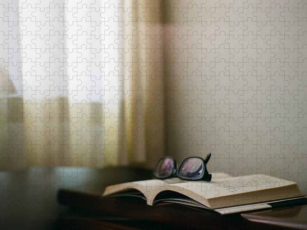 Education Jigsaw Puzzle featuring the photograph Book With Glasses And Window Curtain by Photography By Bert.design