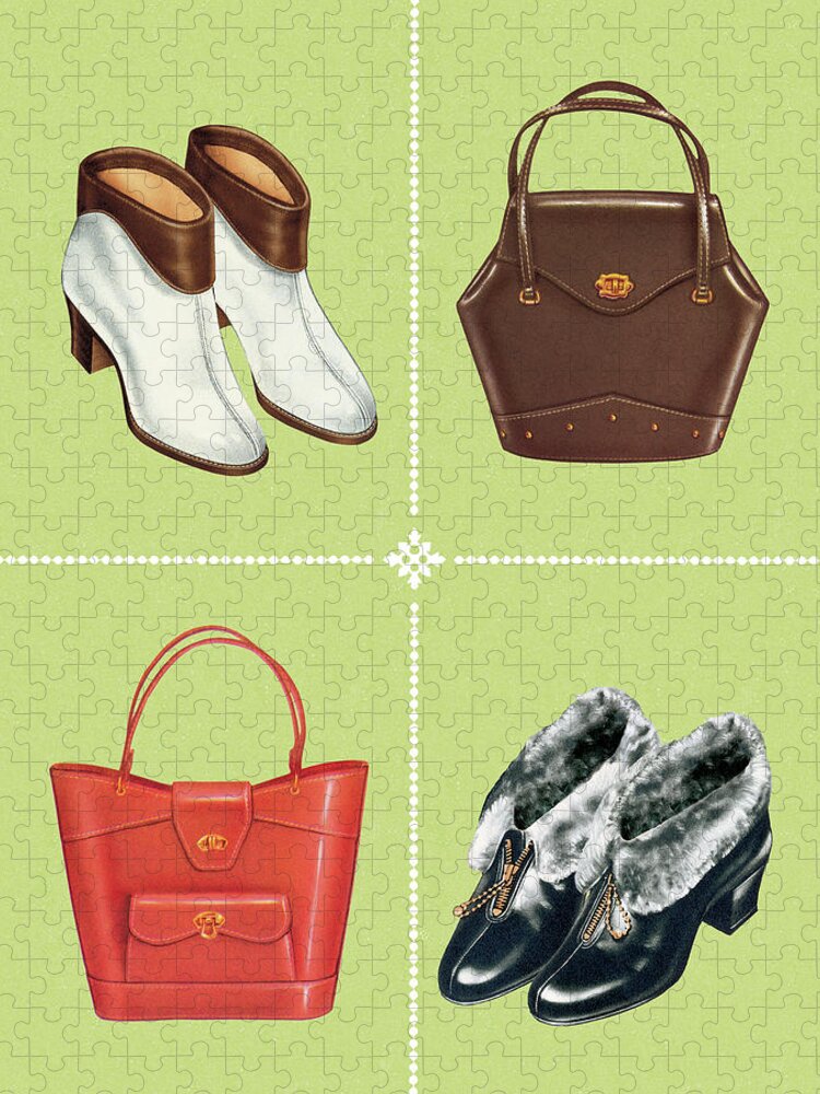 Accessories Jigsaw Puzzle featuring the drawing Boots and Handbags by CSA Images