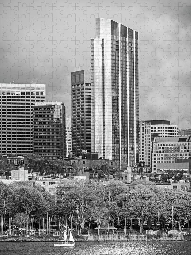 Boston Jigsaw Puzzle featuring the photograph Boston Skyline Skyscraper Boston MA Charles River Black and White by Toby McGuire