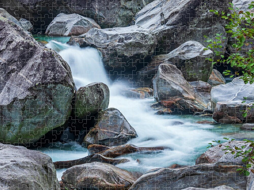 Heike Odermatt Jigsaw Puzzle featuring the photograph Boulders And Waterfall In Valle Verzasca by Heike Odermatt