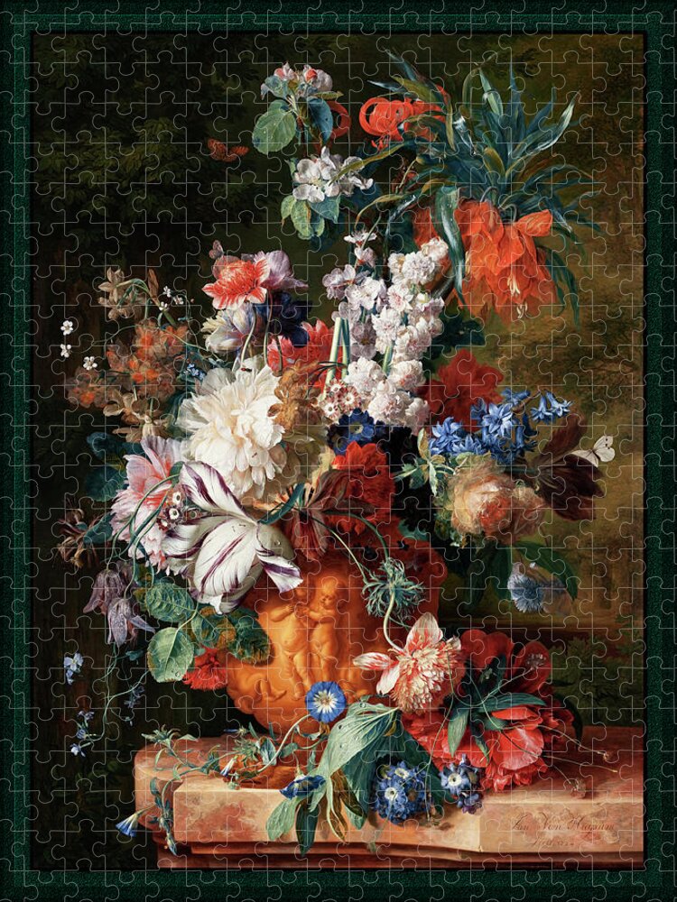 Bouquet Of Flowers In An Urn Jigsaw Puzzle featuring the painting Bouquet Of Flowers In An Urn by Jan van Huysum by Rolando Burbon