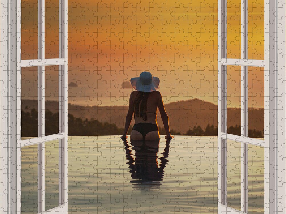 View Jigsaw Puzzle featuring the digital art La Bourgeoise at the Pool Open Window Art by Carlos V