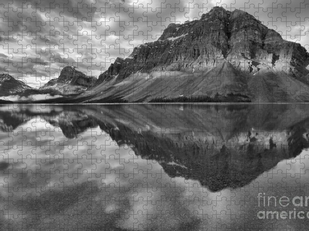 Bow Jigsaw Puzzle featuring the photograph Bow Lake Stormy Summer Sunrise Reflections Black And White by Adam Jewell