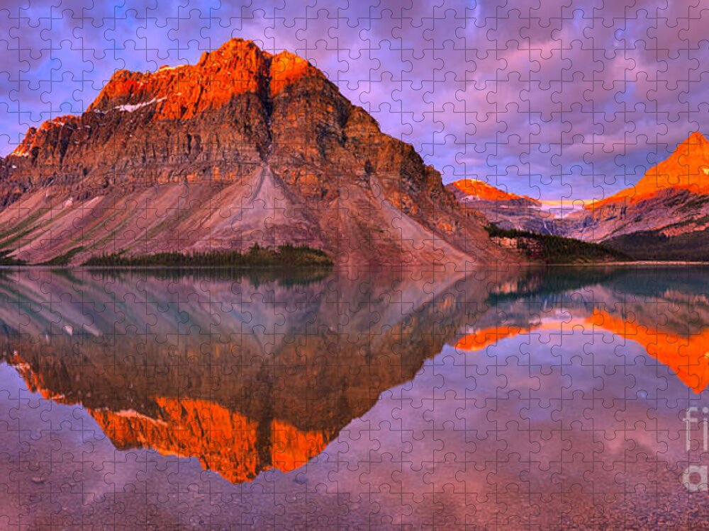 Bow Lake Jigsaw Puzzle featuring the photograph Bow Lake Summer Sunrise Reflections by Adam Jewell