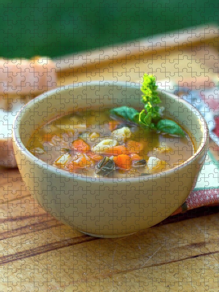 Italian Food Jigsaw Puzzle featuring the photograph Bowl Of Minestrone Italian Soup, Winter by Funwithfood