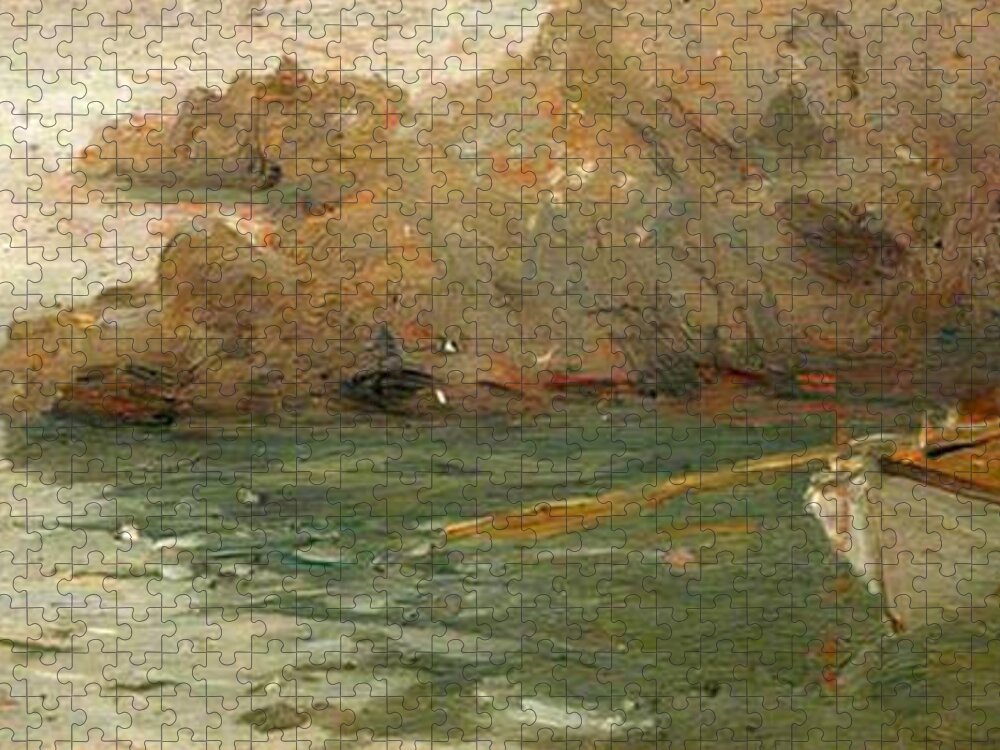 Henry Scott Tuke Jigsaw Puzzle featuring the painting Boy Rowing Out From a Rocky Shore by Henry Scott Tuke