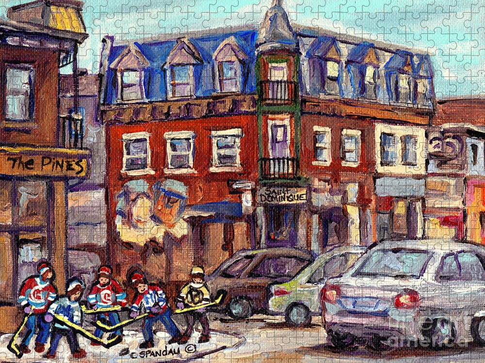 Montreal Jigsaw Puzzle featuring the painting Boys Of St Dominique And Pine Avenue Hockey Art Montreal Plateau Winter Scenes C Spandau Quebec by Carole Spandau