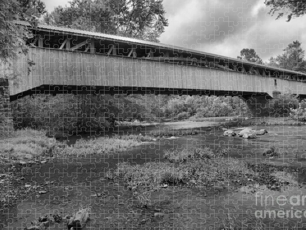 Academia Covered Bridge Jigsaw Puzzle featuring the photograph Bridge Over Tuscarora Creek Black And White by Adam Jewell