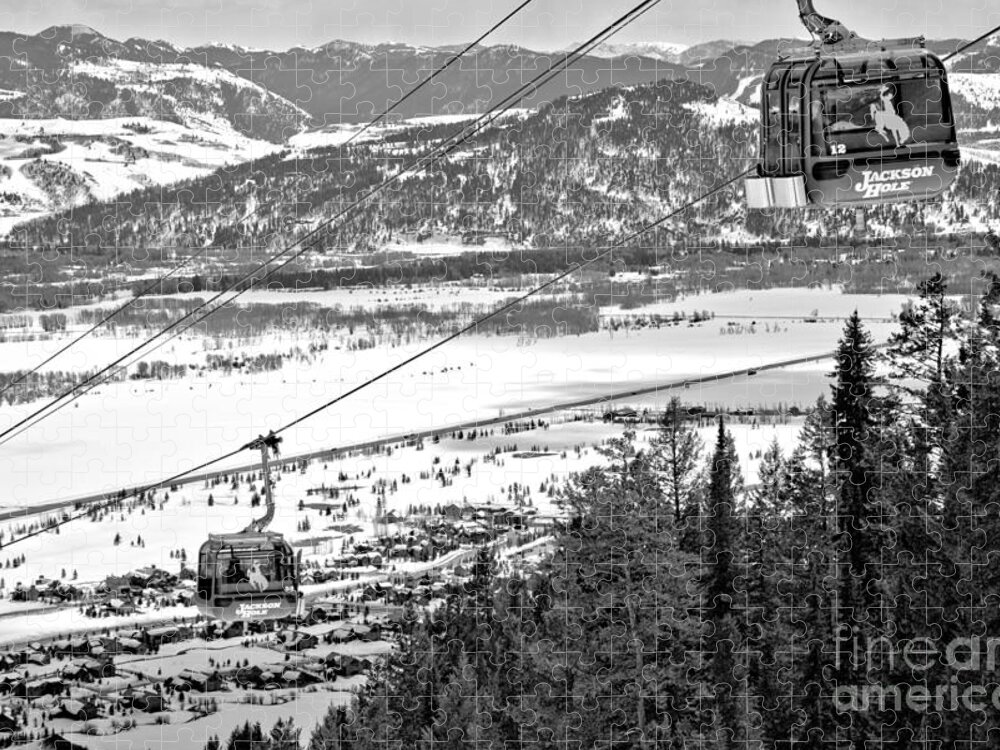 Jackson Hole Jigsaw Puzzle featuring the photograph Bridger Gondola Cable Cars Black And White by Adam Jewell