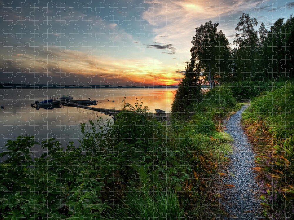 Tranquility Jigsaw Puzzle featuring the photograph Bright Trail Beside Lake by David Olsson