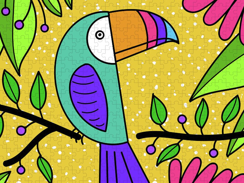 Brightly Jigsaw Puzzle featuring the digital art Brightly Colored Toucan by Deidre Mosher