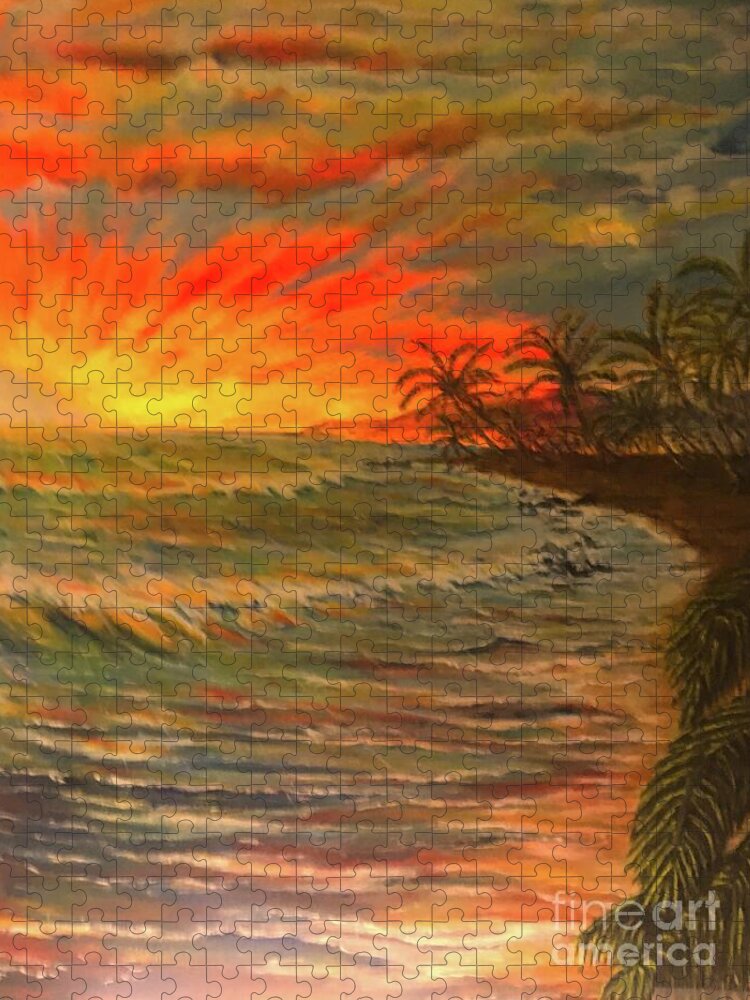 Brilliant Sunset Jigsaw Puzzle featuring the painting Napo'o 'ana o ka la Kahakai by Michael Silbaugh