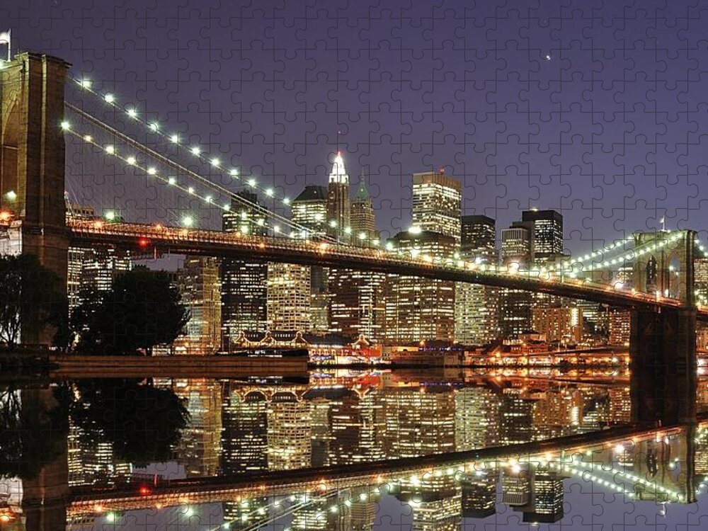 Suspension Bridge Puzzle featuring the photograph Brooklyn Bridge At Night by Sean Pavone