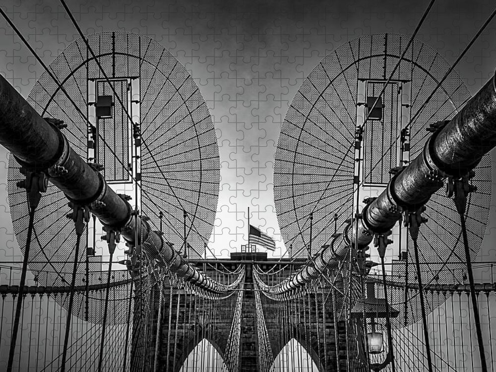 Brooklyn Bridge Jigsaw Puzzle featuring the photograph Brooklyn Bridge NYC Details BW by Susan Candelario