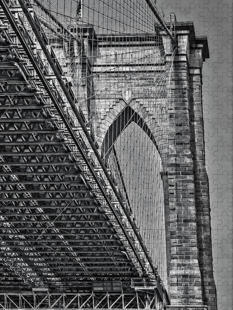 Brooklyn Bridge Jigsaw Puzzle featuring the photograph Brooklyn Bridge Over and Under BW by Susan Candelario