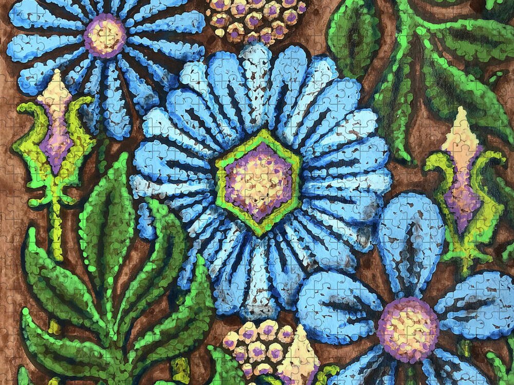 Flower Jigsaw Puzzle featuring the painting Brown and Blue Floral 1 by Amy E Fraser