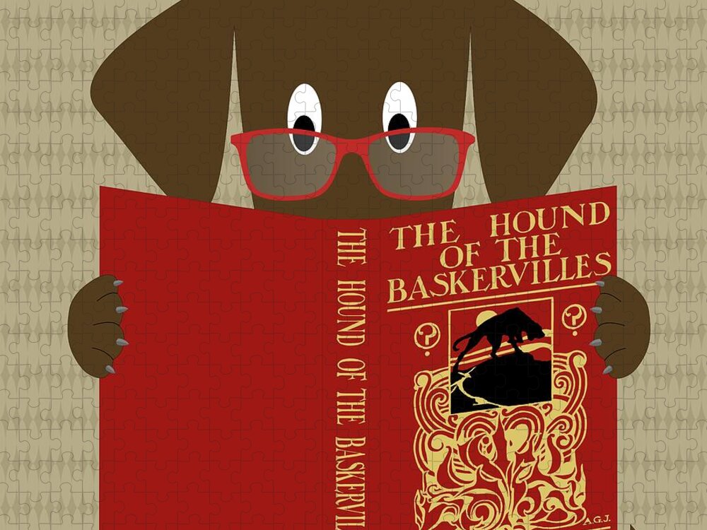 Mid Century Modern Jigsaw Puzzle featuring the digital art Brown Dog Reading by Donna Mibus