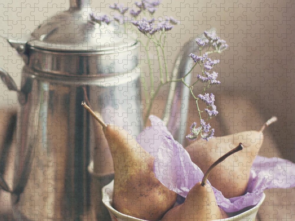 Wood Jigsaw Puzzle featuring the photograph Brown Pears And Vintage Coffee Pot by Copyright Anna Nemoy(xaomena)