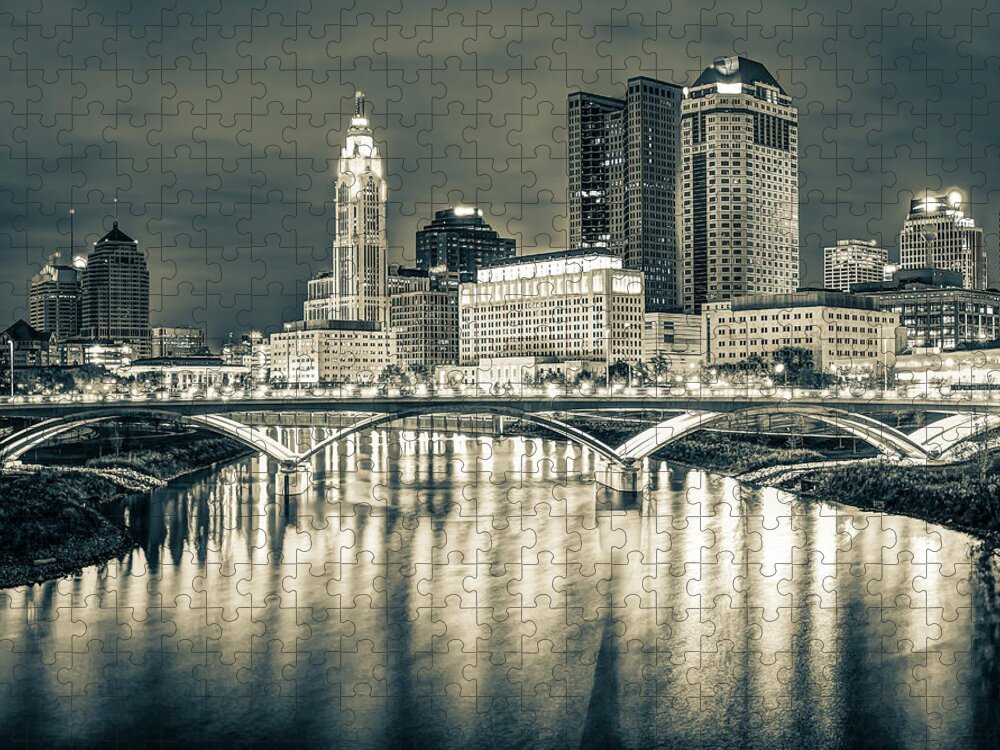 America Jigsaw Puzzle featuring the photograph Buckeye State Skyline - Ohio Sepia Cityscape by Gregory Ballos
