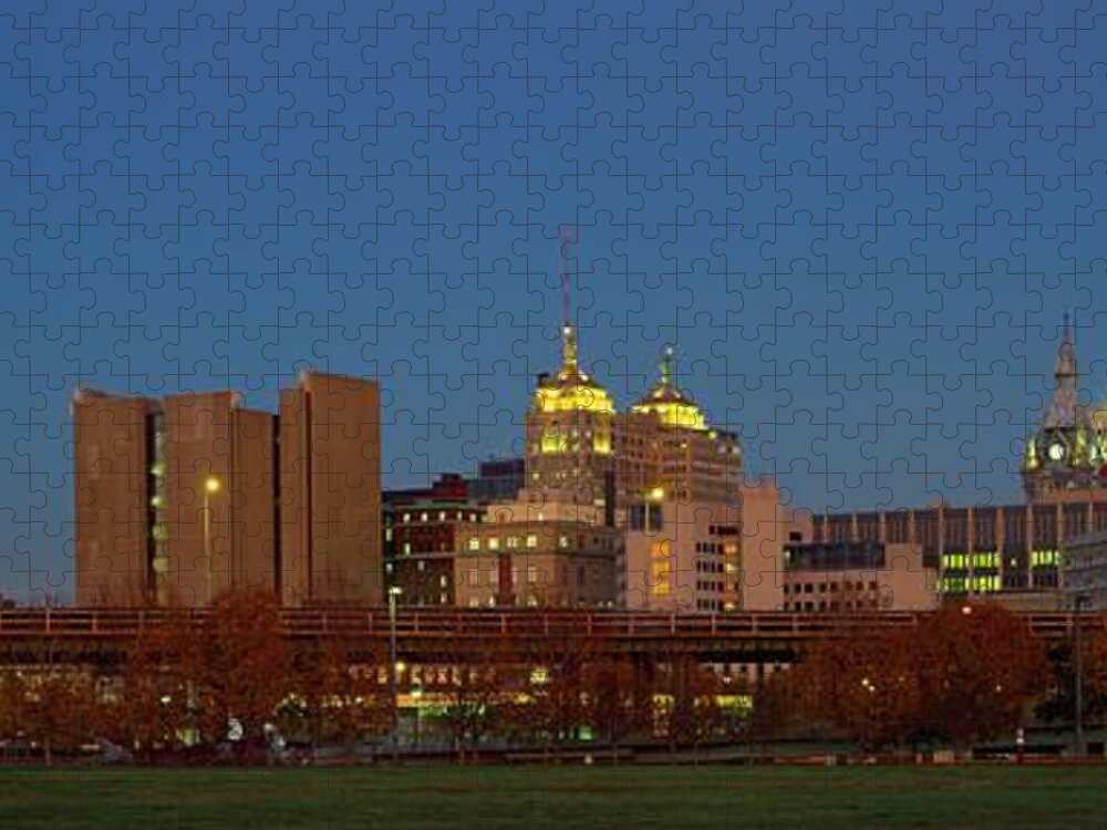 Panoramic Jigsaw Puzzle featuring the photograph Buffalo, Skyline At Dusk, New York by Visionsofamerica/joe Sohm